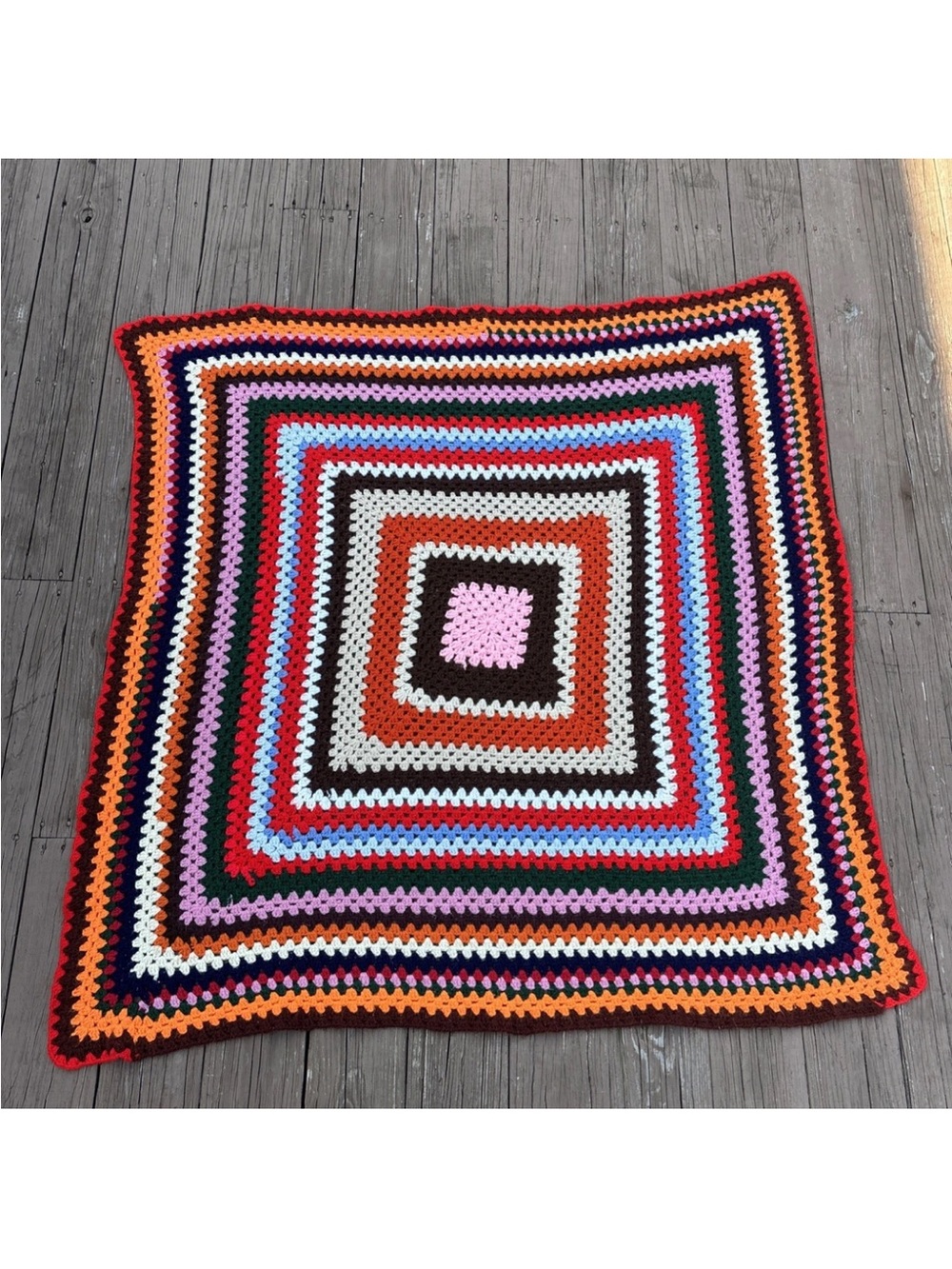 Vintage Retro MCM Crocheted 50” Square Rainbow Afghan Sofa Throw 70s Granny Core
